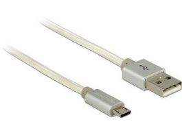 DELOCK USB 2.0 Micro USB adat és töltő kábel, textil árnyékolás, fehér, 1m (83916)