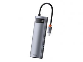 BASEUS Type-C HUB 8in1 (aktív, elosztó, 3 USB+Type-C+RJ45+HDMI 4K aljzat, SD/microSD kártyolvasó) VILÁGOSSZÜRKE