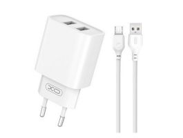 XO CE02C hálózati töltő 2 USB aljzat 10.5W, gyorstöltő + microUSB kábel (XO-CE02C_MICROUSB) FEHÉR