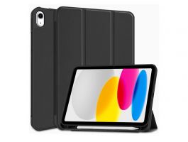 Tok álló, bőr hatású (aktív FLIP, oldalra nyíló, TRIFOLD, asztali tartó, ceruza tartó) FEKETE ipad 2025 (GP-133371)