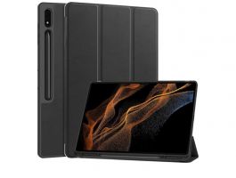 Tok álló, bőr hatású (aktív FLIP, oldalra nyíló, TRIFOLD, asztali tartó, ceruza tartó) FEKETE -  Tab S10 Ultra LTE (GP-163646)