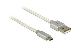 DELOCK USB 2.0 Micro USB adat és töltő kábel, textil árnyékolás, fehér, 1m (83916)