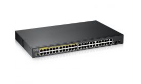 ZYXEL Switch 48x1000Mbps (24xOE) + 2xGigabit SFP, Fémházas Menedzselhető, GS1900-48HPV2-EU0101F