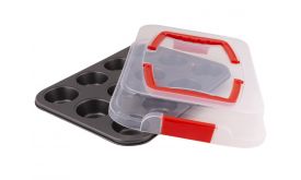 Lamart Dolce LT3103 12db muffin sütőforma fedéllel (42004674) fekete / átlátszó / piros
