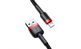 BASEUS CAFULE adatkábel (USB - lightning, 2.4A, gyorstöltő 3.0, 100cm, cipőfűző) FEKETE/PIROS
