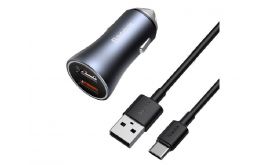 BASEUS GOLDEN CONTACTOR PRO autós töltő 2 USB aljzat (40W, PD gyorstöltő + Type-C kábel) SZÜRKE