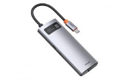 BASEUS Type-C HUB 6in1 (aktív, elosztó, HDMI+3 USB+Type-C+RJ45 aljzat, PD gyorstöltő) SÖTÉTSZÜRKE