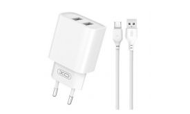 XO CE02C hálózati töltő 2 USB aljzat 10.5W, gyorstöltő + microUSB kábel (XO-CE02C_MICROUSB) FEHÉR