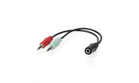Nedis CAGB22160BK02 sztereo audio kábel, 2x 3,5 mm jack dugó - 3,5 mm sztereo jack aljzat, 0,20m