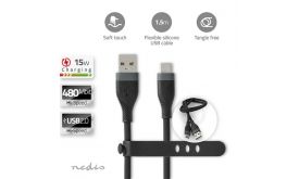 Nedis CCGB60800BK15 flexibilis USB A - USB C (USB-C) kábel, USB2.0, 15W, hossz 1,5m, fekete rugalmas szilikon