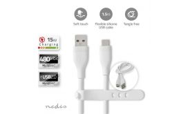 Nedis CCGB60800WT15 flexibilis USB A - USB C (USB-C) kábel, USB2.0, 15W, hossz 1,5m, fehér rugalmas szilikon