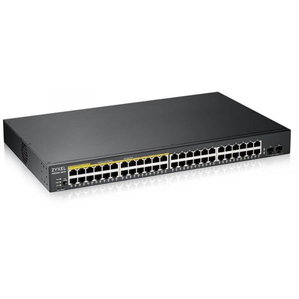 ZYXEL Switch 48x1000Mbps (24xOE) + 2xGigabit SFP, Fémházas Menedzselhető, GS1900-48HPV2-EU0101F