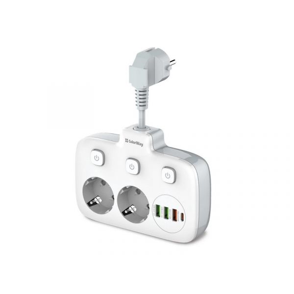 COLORWAY Hálózati elosztó, CW-CHE24PDW, 2 dugalj, 3xUSB-A, 1xUSB-C 2m, fehér
