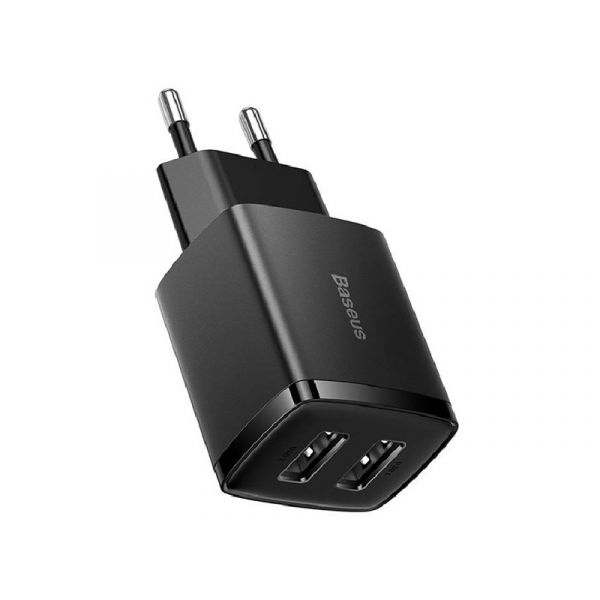 BASEUS COMPACT hálózati töltő 2 USB aljzat (10.5W, gyorstöltő) FEKETE