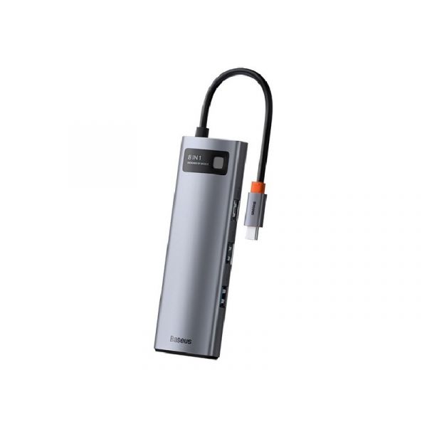 BASEUS Type-C HUB 8in1 (aktív, elosztó, 3 USB+Type-C+RJ45+HDMI 4K aljzat, SD/microSD kártyolvasó) VILÁGOSSZÜRKE