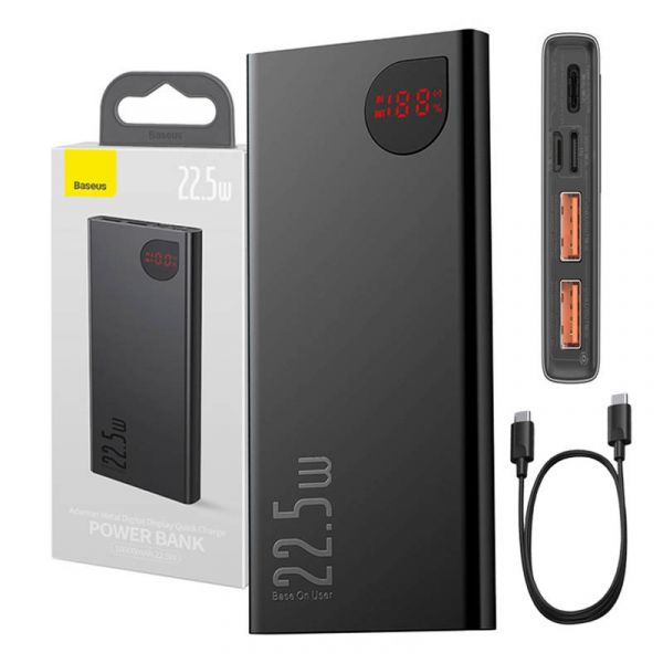 BASEUS ADAMAN METAL vésztöltő 2 USB+Type-C aljzat (10000mAh, 22.5W, PD gyorstöltő 3.0, LED) FEKETE (PPAD070001)