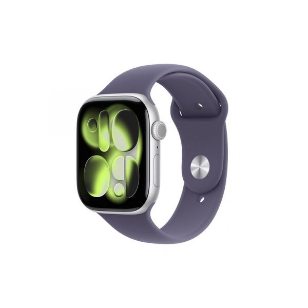 Apple Watch Series 11 GPS 46mm-es ezüstszínű alumíniumtok, ködös lila sportszíj- S/M (MEV94MP/A)