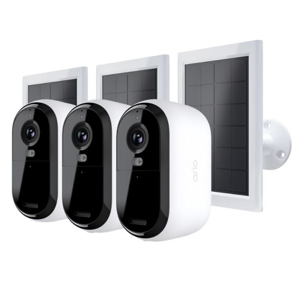 Arlo Essential (Gen.2) Bundle 2K Outdoor Security Camera - 3 Camera Kit + 3 Essential Solar Panel Charger, White (VMK3350-100EUS)