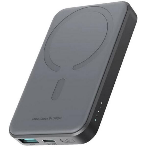 JOYROOM vésztöltő Type-C+USB aljzat (10000mAh, 20W, PD gyorstöltő, wireless, mágneses, mini, LED jelzés) FEKETE (JR-W020 MINI)