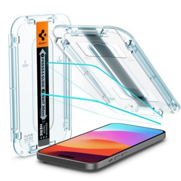SPIGEN EZ FIT HD képernyővédő üveg 2db (2.5D, tokbarát, ultravékony, 0.2mm, 9H + segédkeret) ÁTLÁTSZÓ - Iphone 16 (AGL06903)
