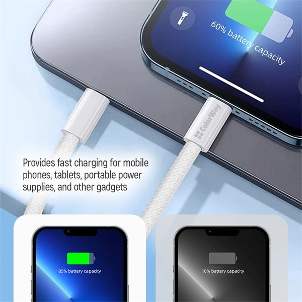 COLORWAY Kábel Type-C fonott pamut, PD Fast Charging 60W, 3,0A 1M szürke (CW-CBPDCC061-GR)