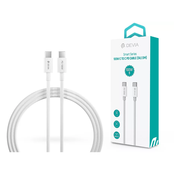 DEVIA USB TYPE-C - USB TYPE-C ADAT- ÉS TÖLTŐKÁBEL 1,5 M-ES VEZETÉKKEL - SMART SERIES 100W C TO C PD CABLE - 100W - FEHÉR (ST379536)