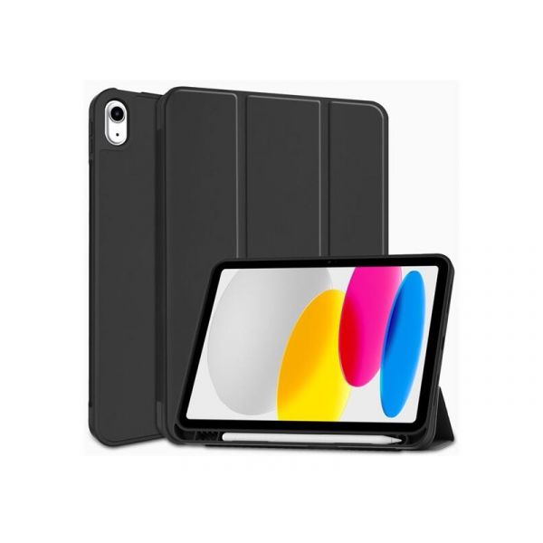 Tok álló, bőr hatású (aktív FLIP, oldalra nyíló, TRIFOLD, asztali tartó, ceruza tartó) FEKETE ipad 2025 (GP-133371)