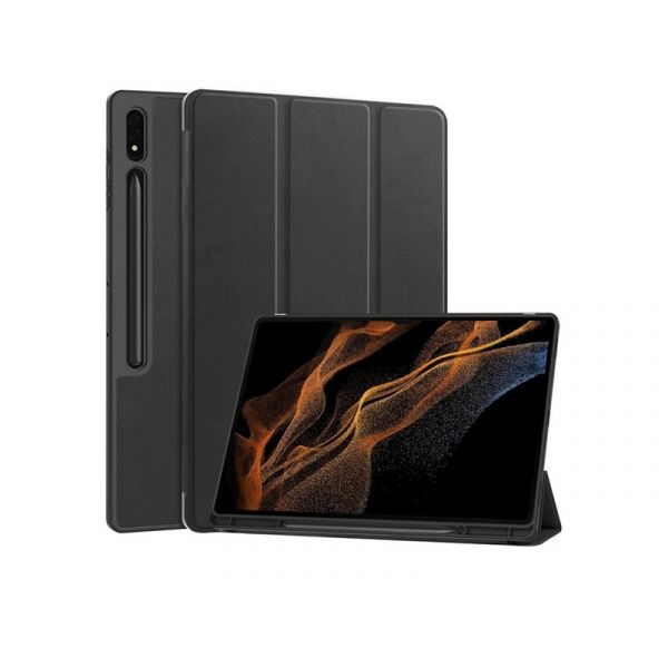 Tok álló, bőr hatású (aktív FLIP, oldalra nyíló, TRIFOLD, asztali tartó, ceruza tartó) FEKETE -  Tab S10 Ultra LTE (GP-163646)