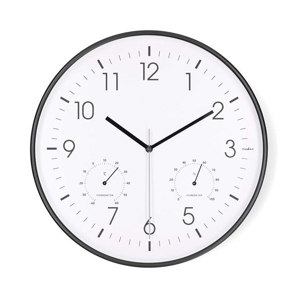 Nedis CLWA4226BK falióra, 30 cm átmérő,  műanyag, csendes szerkezet, hőmérő, páratartamom mérő