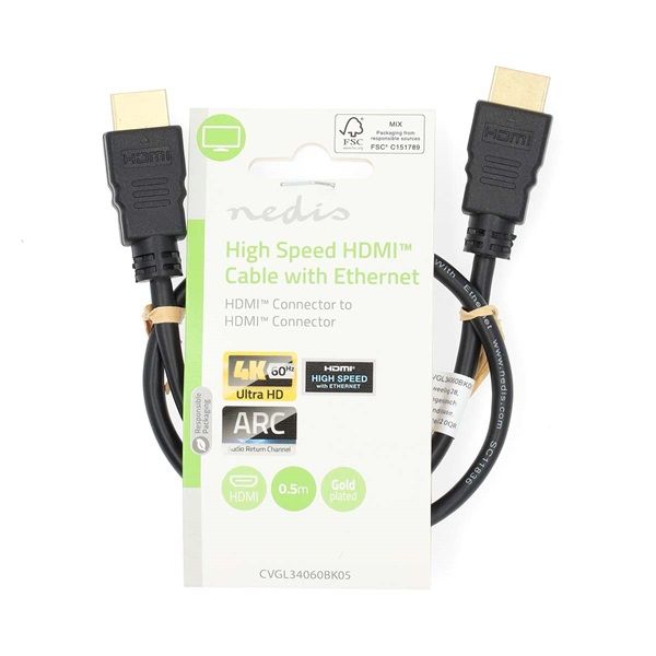 Nedis CVGL34060BK05 ultra HD HDMI kábel, HDMI dugó - dugó, 4K@60Hz, ARC, 18 Gbps, aranyozott csatlakozók, hossz 0,5m