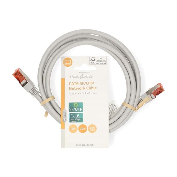 Nedis Cat6 patch kábel, szürke, aranyozott érintkezők, 10/100/1000 Mbit/s, hossz 2m, CCGL85220GY20