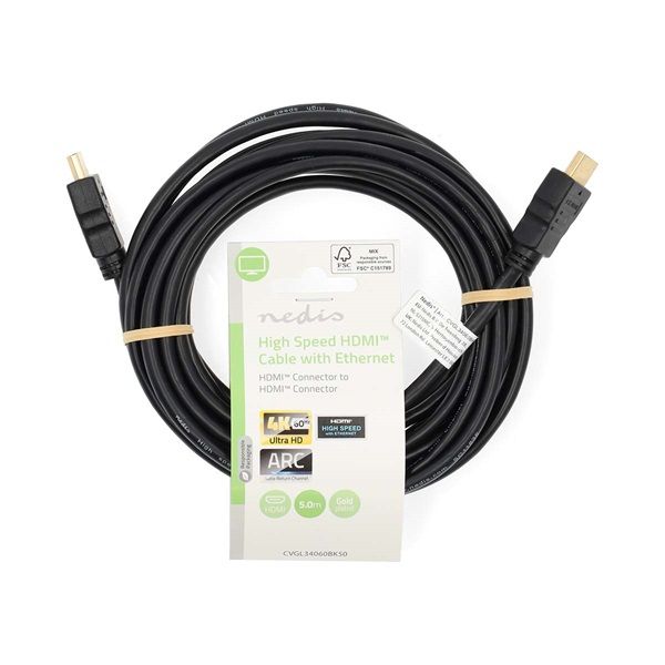 Nedis ultra HD HDMI kábel CVGL34060BK50, HDMI dugó - dugó, 4K@60Hz, ARC, 18 Gbps, aranyozott csatlakozók, hossz 5m