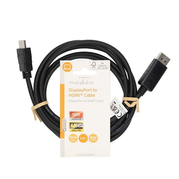 Nedis DisplayPort dugó - HDMI dugó kábel 4K@30Hz, 2m (CCGL37101BK20)