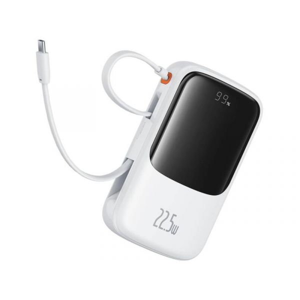 Baseus Qpow Pro+ gyorstöltő powerbank 10000 mAh, 22.5W, beépített USB Type-C kábel, fehér (P10067101213-00)