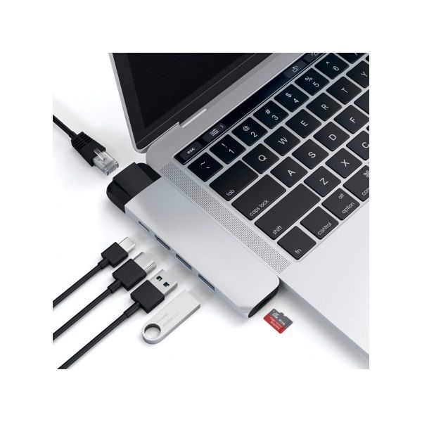 Satechi Aluminium Type-C PRO Hub (HDMI 4K,PassThroughCharging,1x USB3.0,1xSD,Ethernet) - Silver (ST-TCPHES)