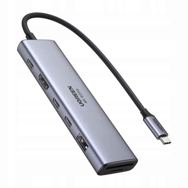 UGREEN CM512 6 az 1-ben adapter, USB-C–3x USB-A 3.0, HDMI, RJ45, PD